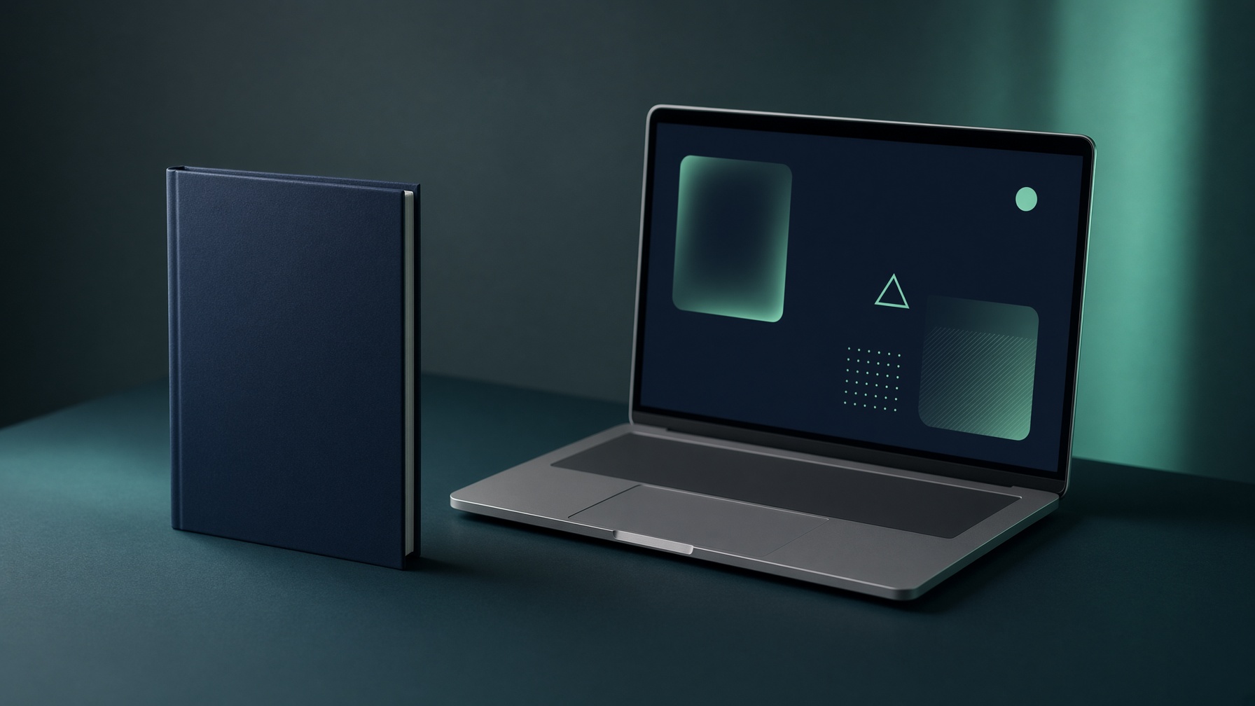 A navy kit booklet beside a laptop showing a quiet mint dashboard